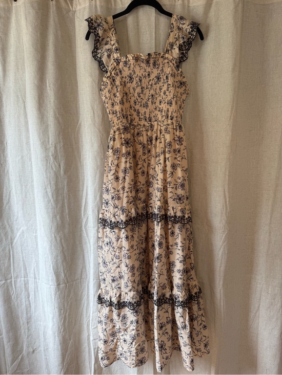 Haute Hippie Dresses & Skirts - Haute Hippie Beige Maxi Dress with Navy Floral Print